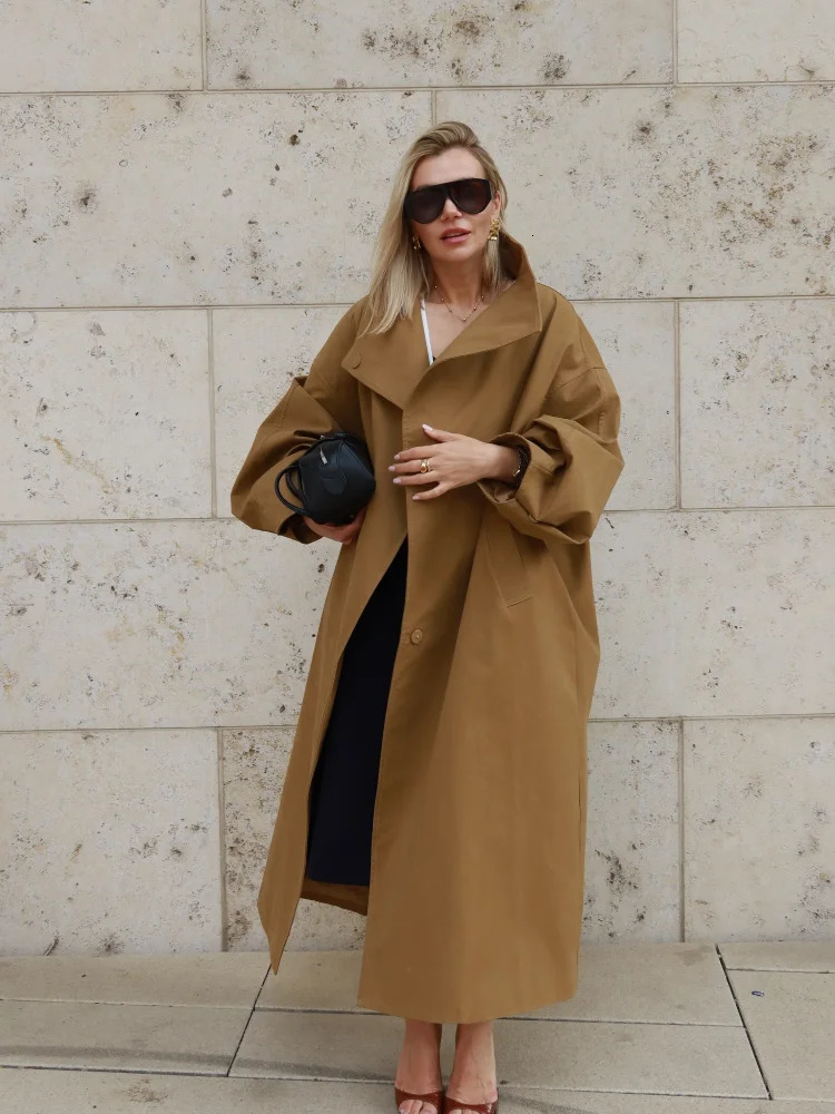 Solid Stand Collar Full Sleeve Oversized Windbreaker Women Single Breasted Lace Up Long Trench Coat Lady Autumn Casual Jacket 260921