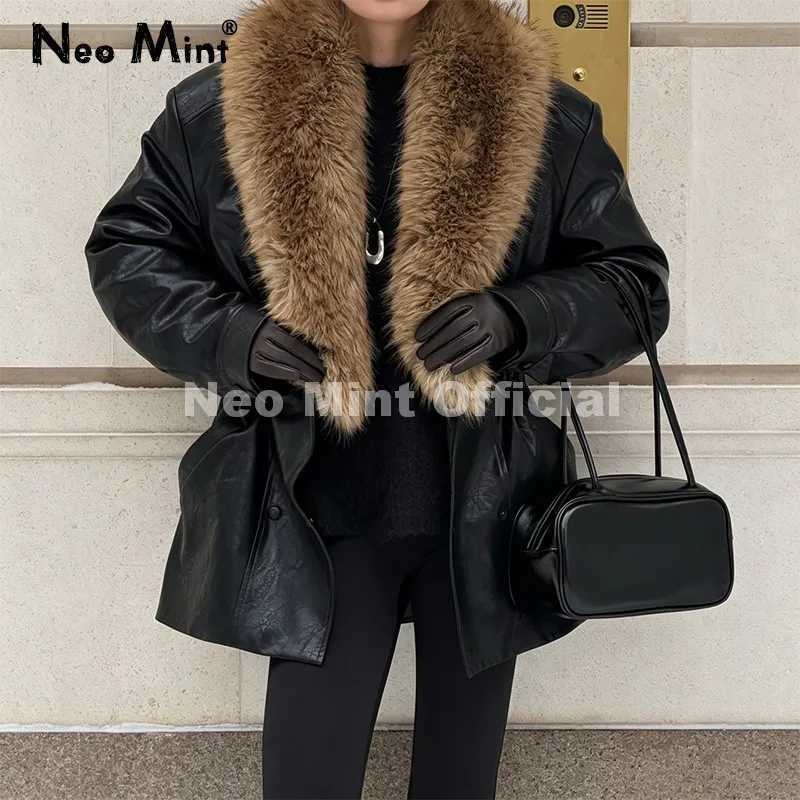 Faux Women's Leather Leather Neo Mint Luxury Brand Fashion Design Black Long Faux Leather Coat Women Detachable Fur Collar Oversized PU Leather