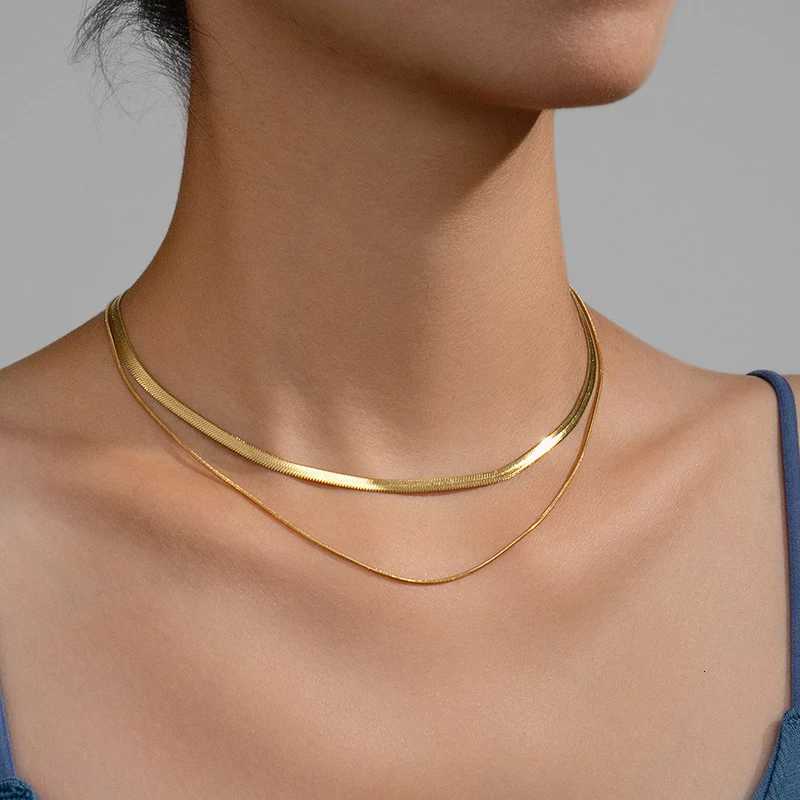 Pendant Necklaces Hot Classic Unisex Flat Snake Chain Choker Necklace For Women Stainless Steel Herringbone Gold Silver Color Fashion Jewelry Gift X