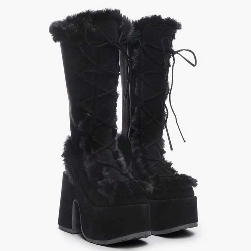 Designer 46 Boots Big Size Winter y2k Knee High Boots Women White Chunky Platform Boots Gothic Black Faux Fur Block High Heels Boots Shoe J260922