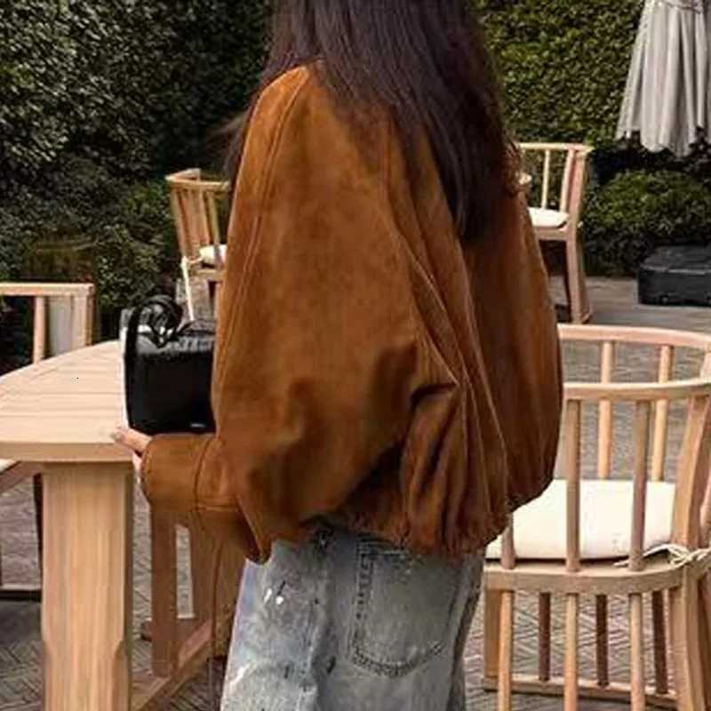 Flower Retro Leather Bud Brown Jacket for Women Trendy Kid Suede Drawstring Silhouette Short Coat Streetwear Chill Casaco Femini C260921