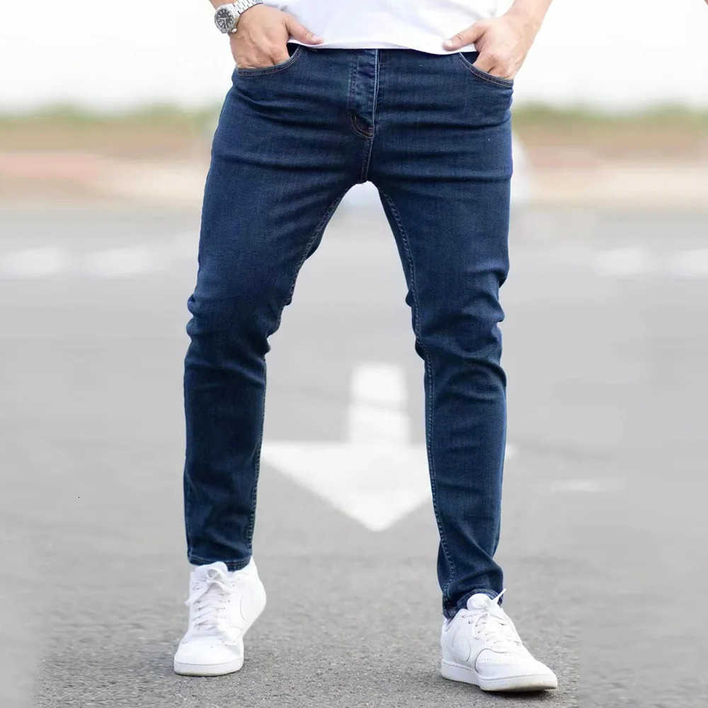 Jeans Spring Men's Mens Black Blue Pants Pure Color Stretch Jeans Street Casual Slim Fit Trousers Male Vintage Wash Skinny Jeans for Men T26092
