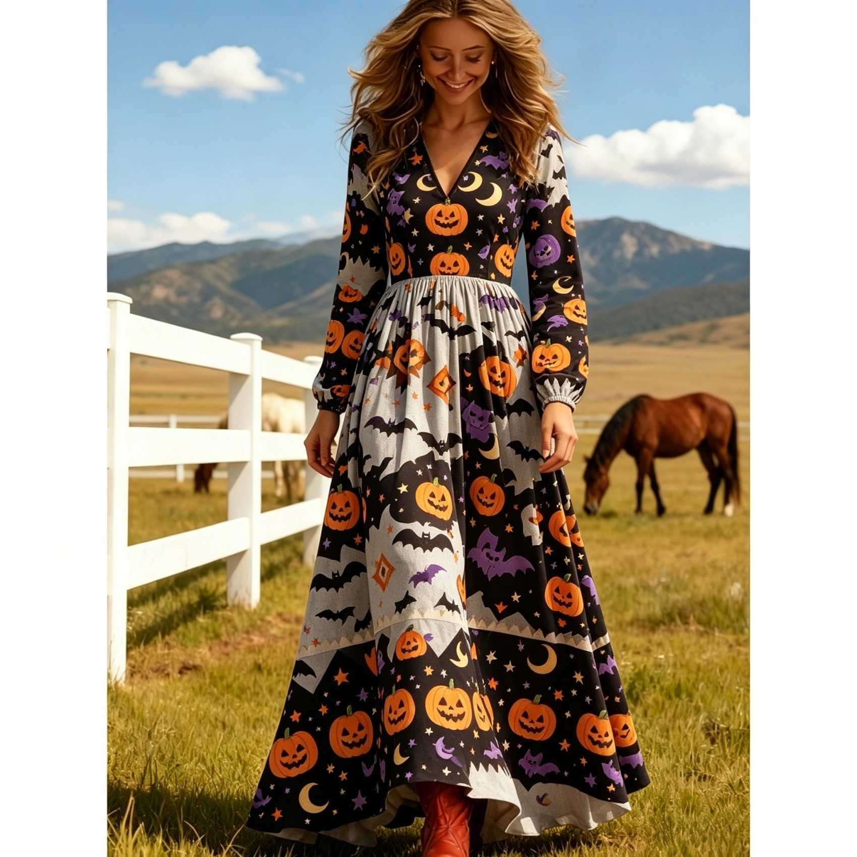 2026 Spring and Autumn New Women's Versatile Fashion V-Neck Dress Halloween Pattern Long Dress T260922