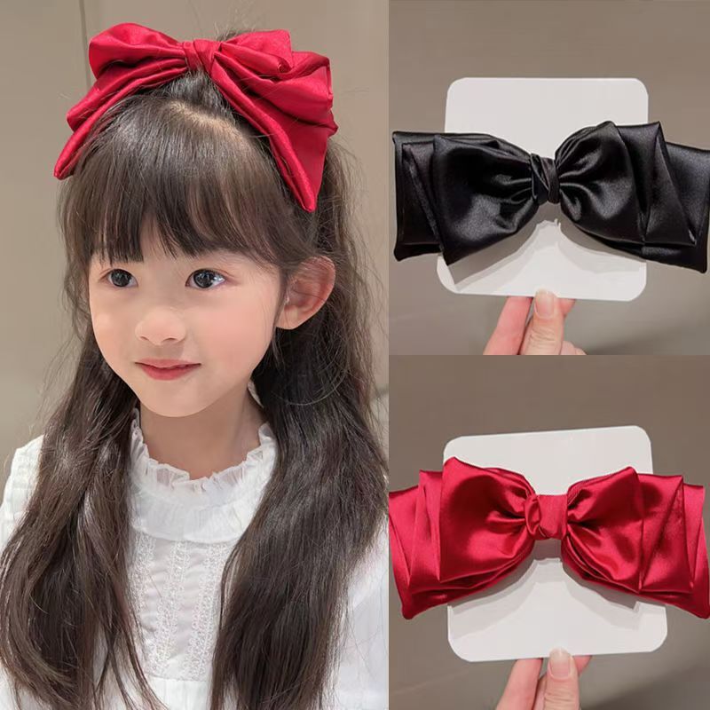 New Children's Red Bow Korean Style Multi-layer Spring Clip Non-damaging Hairpin for Little Girls Hair Accessories