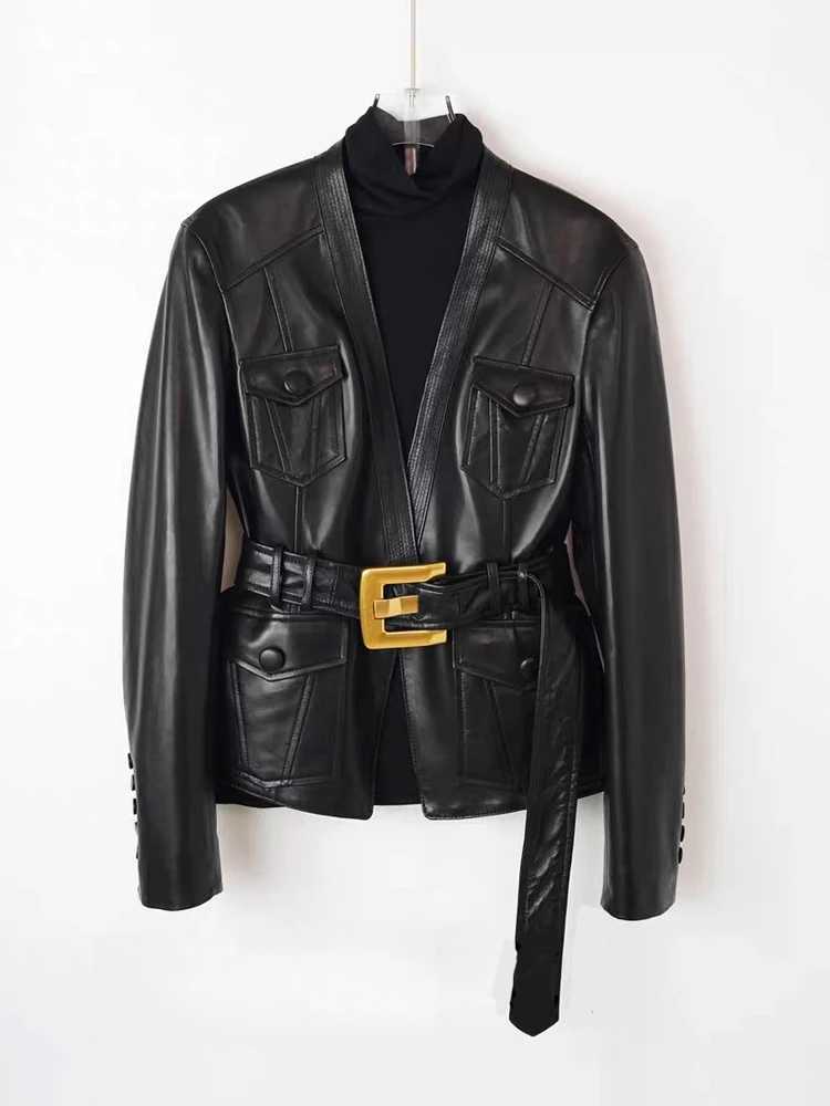 Spring Brand 2025 New Leather Jacket for Women V-neck 100% Sheepskin Slim Fit Coat With Belt Black Shirt Vestes Femmes C260921