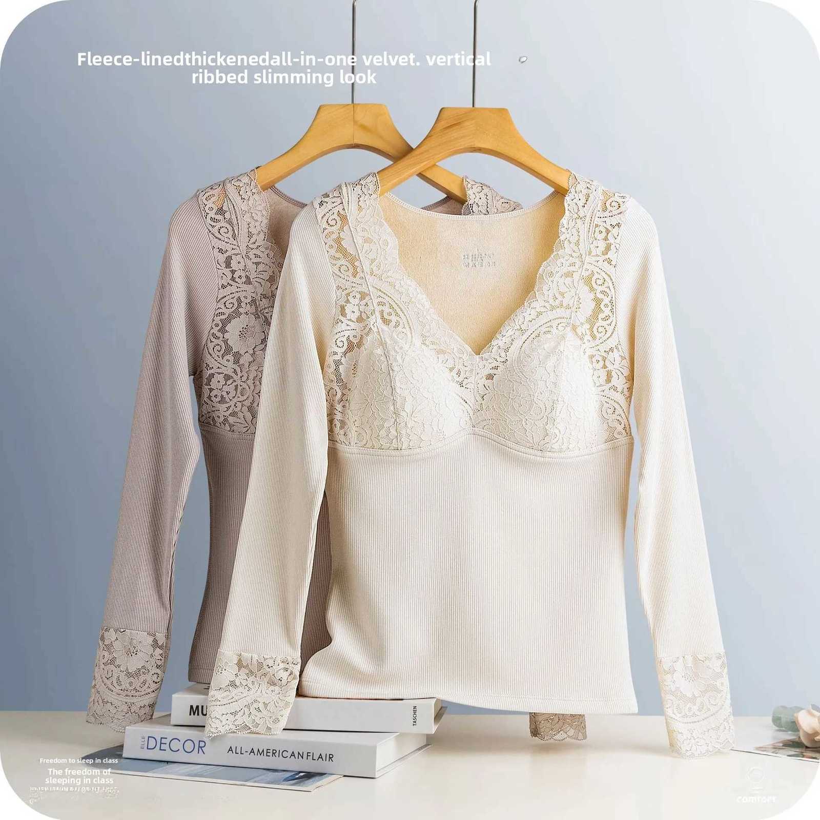 Thermal Underwear Women's Warm Fleece Lined Long Sleeve Women's Thermal Shirt with Bra Inserts Low V Neck Integrated Design Inner Lace Cam