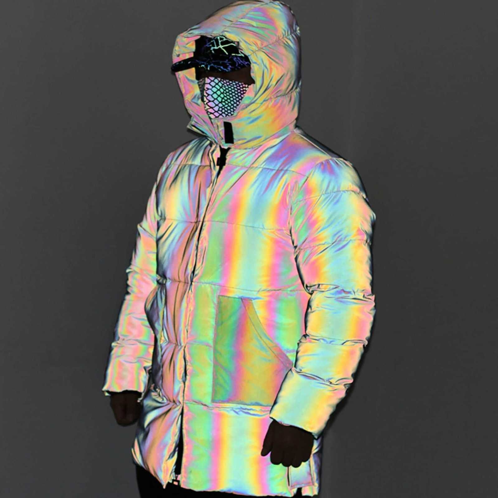 Down Parkas Colorful Reflective Men's Winter Jacket Men Harajuku Fashion Warm Parkas Waterproof Laser Long Hooded Padded Coat Casaco Masculino