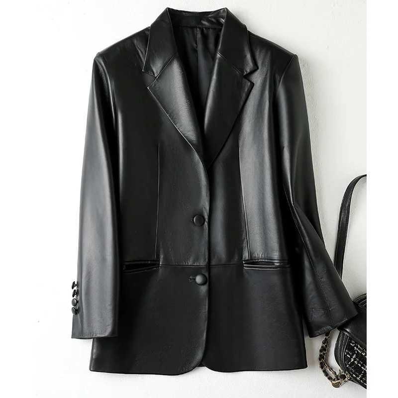 New Lambskin 2024 Blazer Jackets for Women Fashion Pink Single-Breasted Casual Ladies Real Leather Blazer Coats Oversize Style C260921
