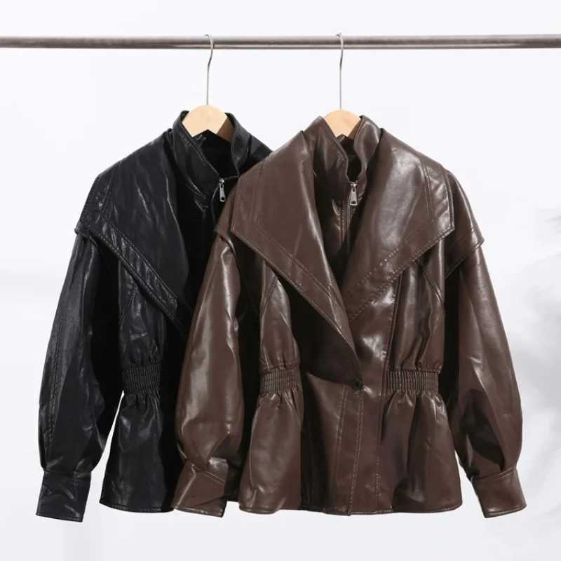 Fashion Brown 2026 Slim Waist Leather Jacket Women Loose Lapel Long Sleeve One Button Zipper Jackets Autumn Winter Lady Outwear C260921
