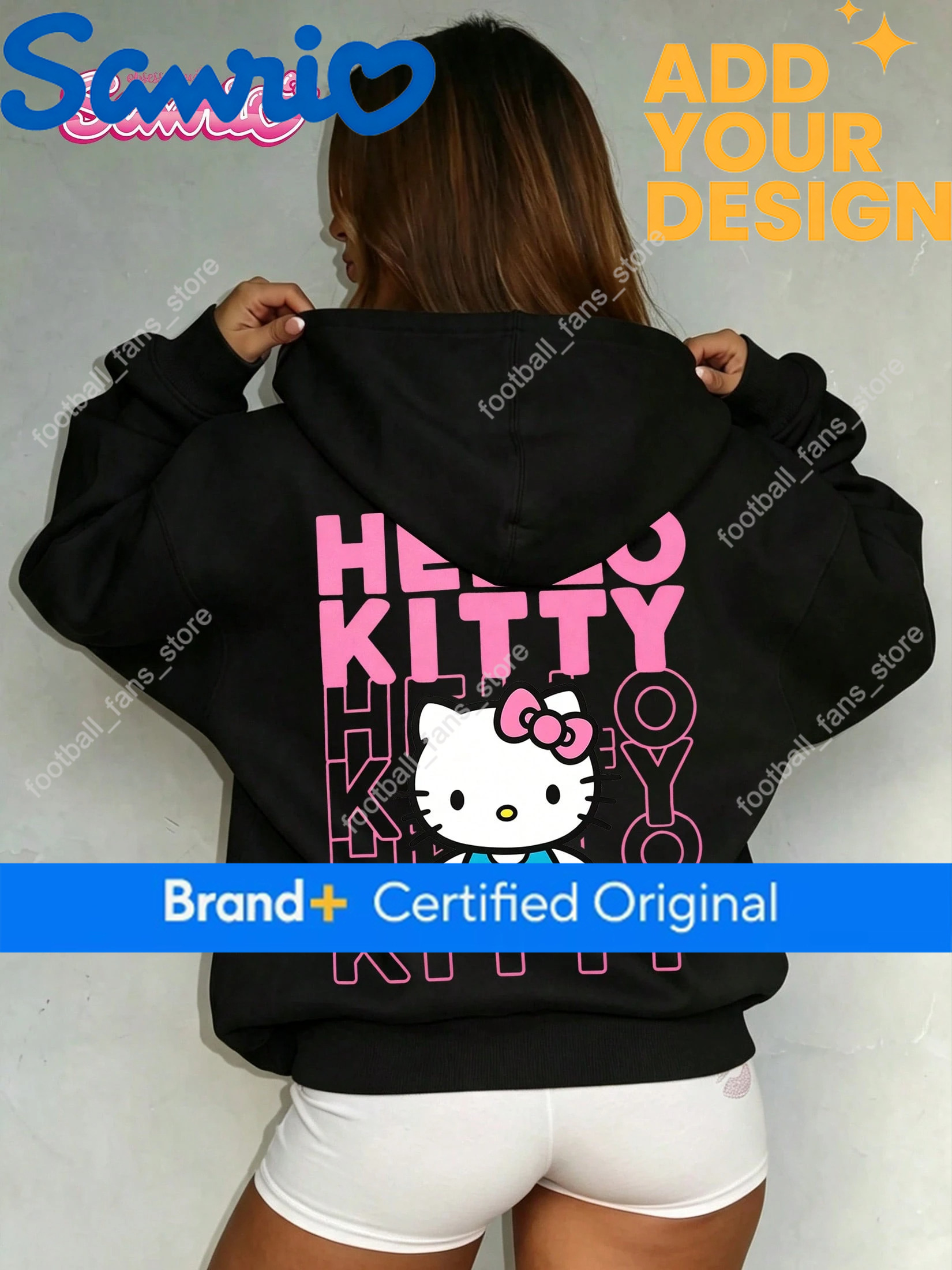 2026 Unisex Hello Kitty Pattern Stacked Letter Back Printed Sanrio Casual Hoodie for Men and Women fe