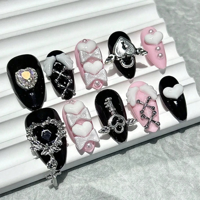 10 Pieces Y2k Spice Girl Handmade Press On Nails Black Pink Sweet Cool Nail Art Bow Love Diamond Almond False Nails 260922