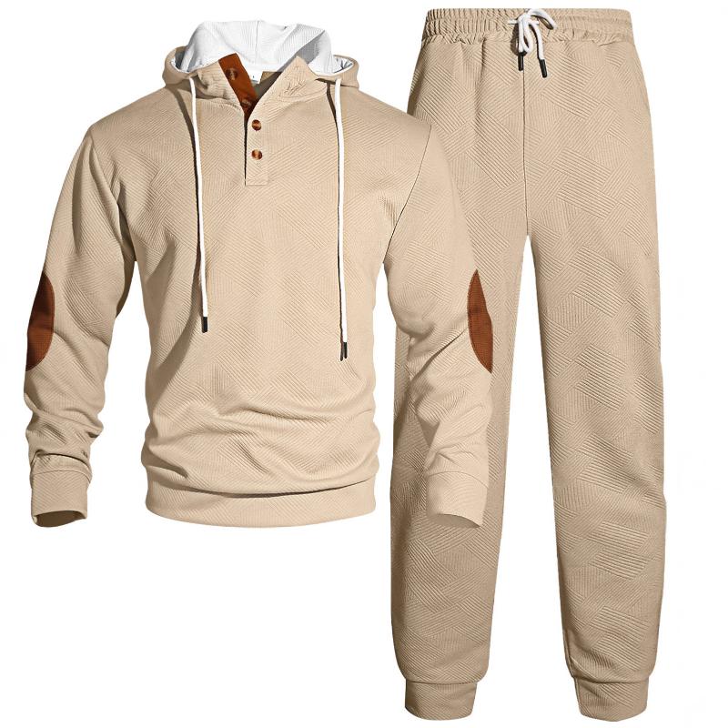Ensemble sweat à capuche et pantalon de jogging pour hommes, décontracté, assorti, bouton partiel, Henley, sweat-shirt à capuche, patch de coude