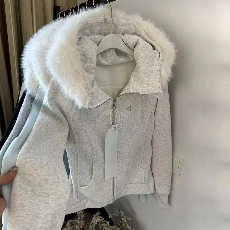 Aesthetic Vintage Fur Collar Long Sleeve Hoodie Women Autumn New Slim Zipper Coat Hepburn Fashion Thin Winter 2025 Retro Outfits