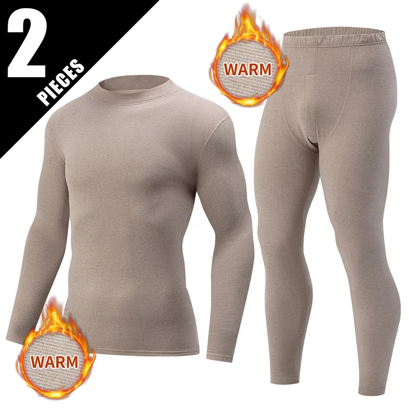 2pcs Autumn And Winter Mens Thick Semi High Neck Thermal Underwear Set Solid Color Fashionable High Neck Top Warm Casual Pants 260921