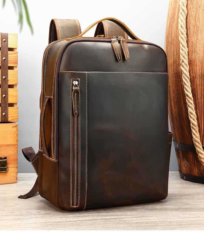 Zaino in pelle Crazy Horse Zaino stile Uomo Borsa per laptop in pelle di vacchetta maschile Borsa a tracolla doppia Borsa da viaggio di grande capac
