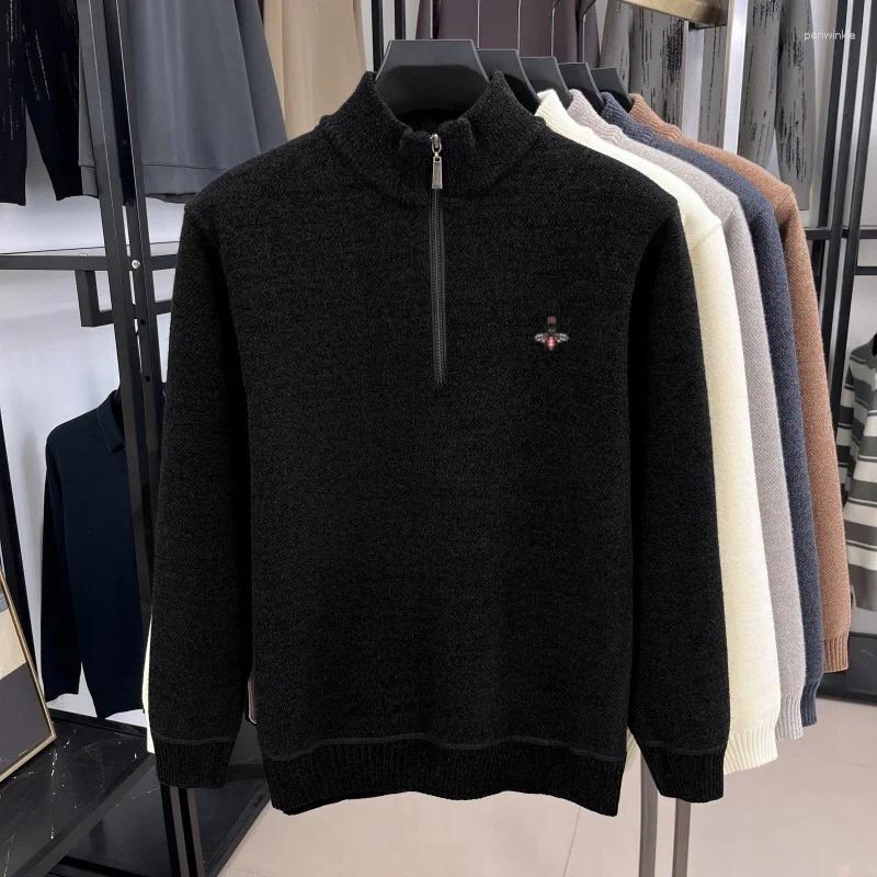 High End Brand Semi Zipper Sweater Men's Fashion Little Bee Embroidery Design Winter Plush Thick Warm Neck Knitted Pullover