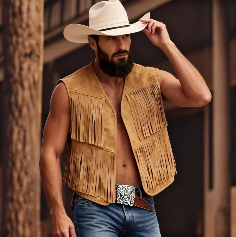 Vintage Suede tassel Vest Men Loose Western Cowboy Sleeveless Tank Top Summer Retro Leisure Waistcoat Cardigan Men's Clothing 260916