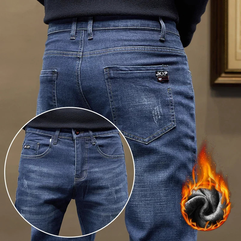 Men's Winter Fleece Warm Jeans Business Casual Straight Washed Trousers Thickened Thermal Stretch Versatile Male Denim Pants 260922