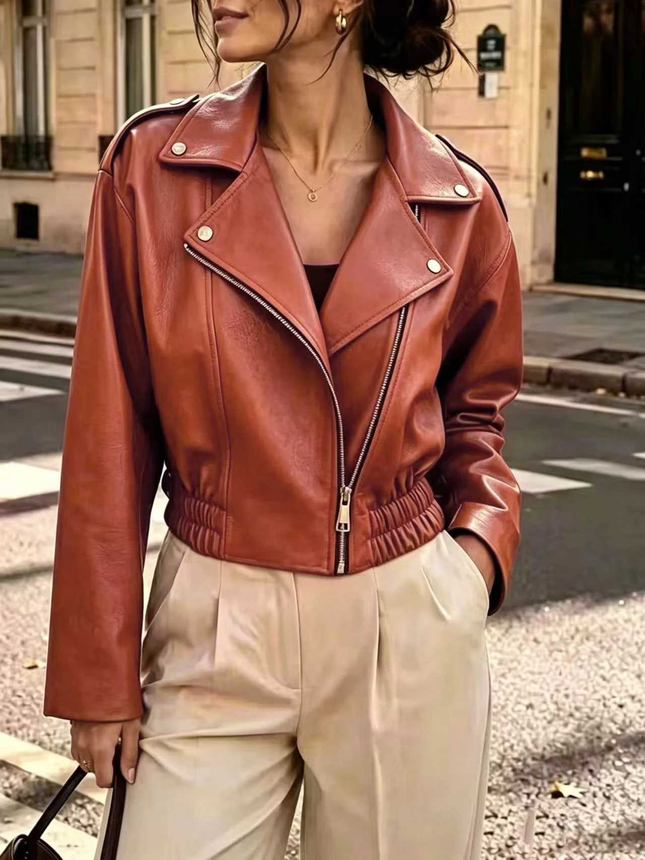 Leather Faux Women's Leather Women Cropped Faux Leather Biker Jacket Lapel Asymmetric Zipper Shoulder Stud Elastic Hem Moto Outerwear MultiColo