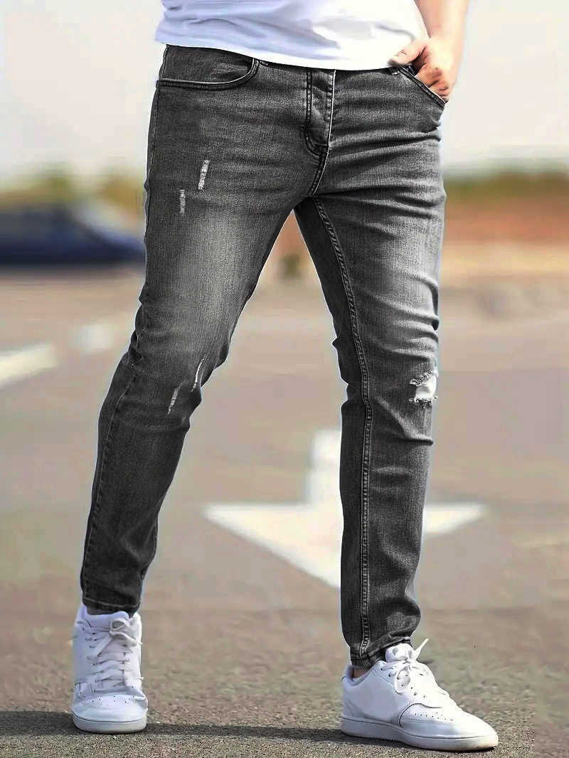 2026 Men's Jeans Spring Men's Distressed Skinny Jeans Vintage Wash Elastic Biker Holes Casual Slim Fit Streetwear Denim Pencil Pants Jogge