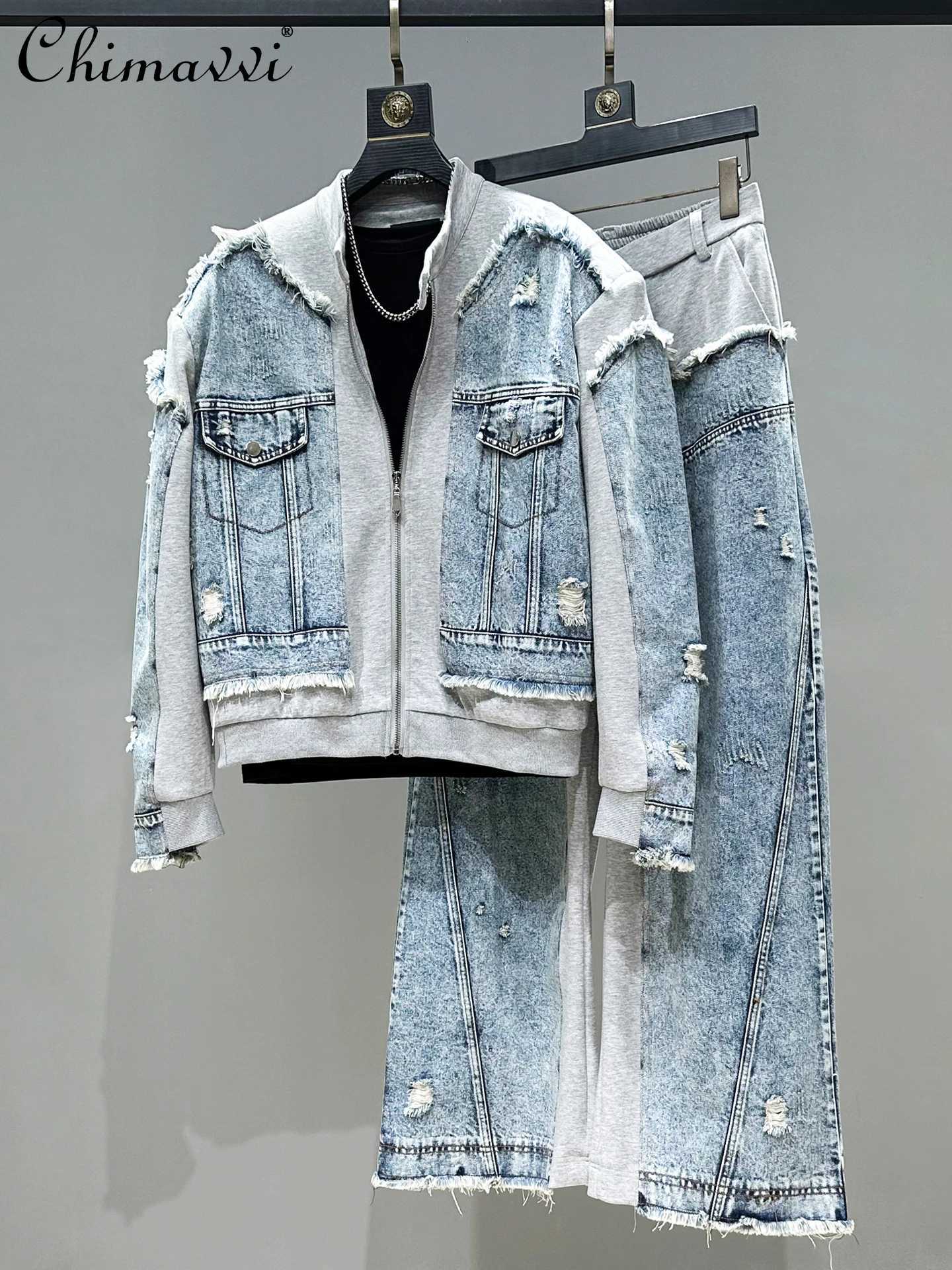 Fashion Men's Casual Tracksuits Men's Denim Patchwork Jacket Set Loose Zipper Jackets Coat High Waist Wide Leg Pants Two-Piece Set Mens Au