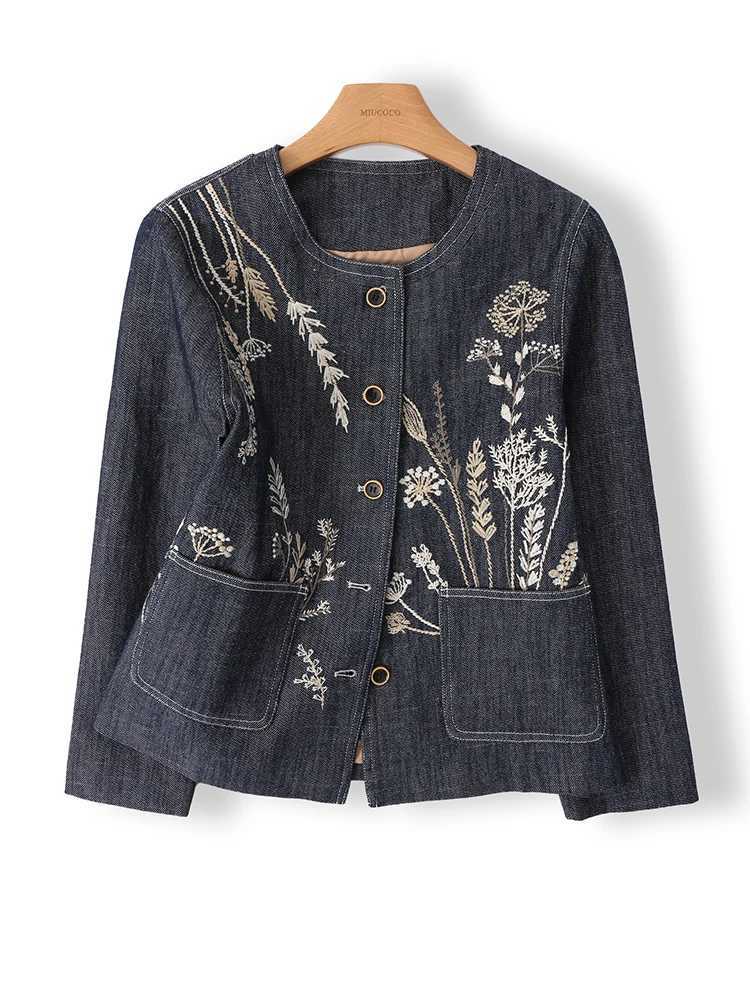 Women's Jackets Women Embroidered Denim Jacket Vintage Floral Jean Coat Casual Loose Fit Long Sleeve Outerwear Fashion Retro Jacket C260921