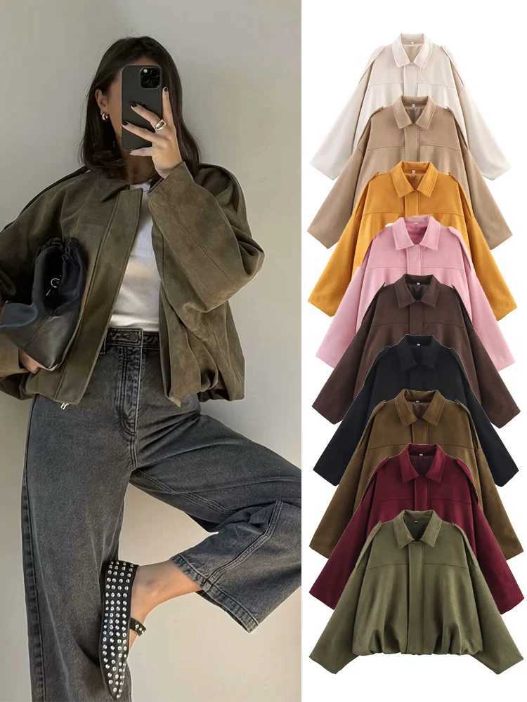 Women's Jackets Autumn New Women Suede Bomber Jacket Fashion Long Sleeve Zipper Oversize Solid Bomber Coat Chic Female Streetwear C260921