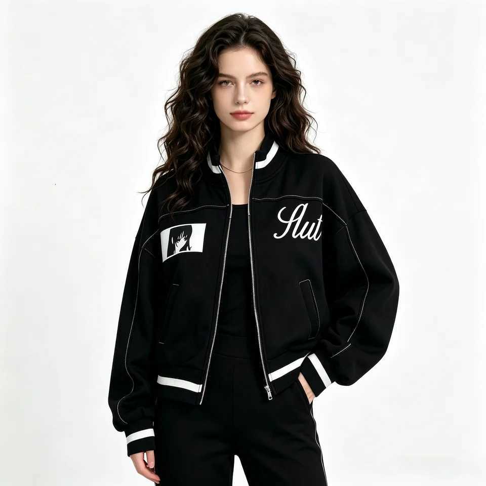 Women's Jackets 2026 new women's anime printed short zipper jacket stand up collar long sleeved Y2K street casual loose sports jacket C260