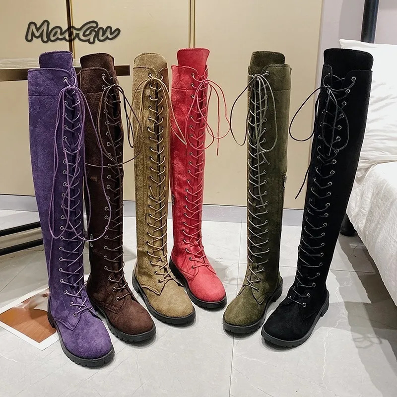 Side Zipper Lace-up Women's Long Botas Brown Black Suede Mid Heel Over-the-Knee Boots for Women Ladies Thigh High Boots Size 43 260922