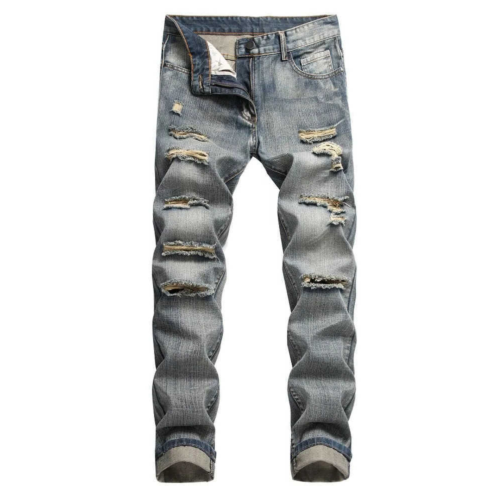 Ripped Style Skinny Men Wash Solid Denim Trouser Mens Casual Fit Pencil Denim Pants S260922TVWZ