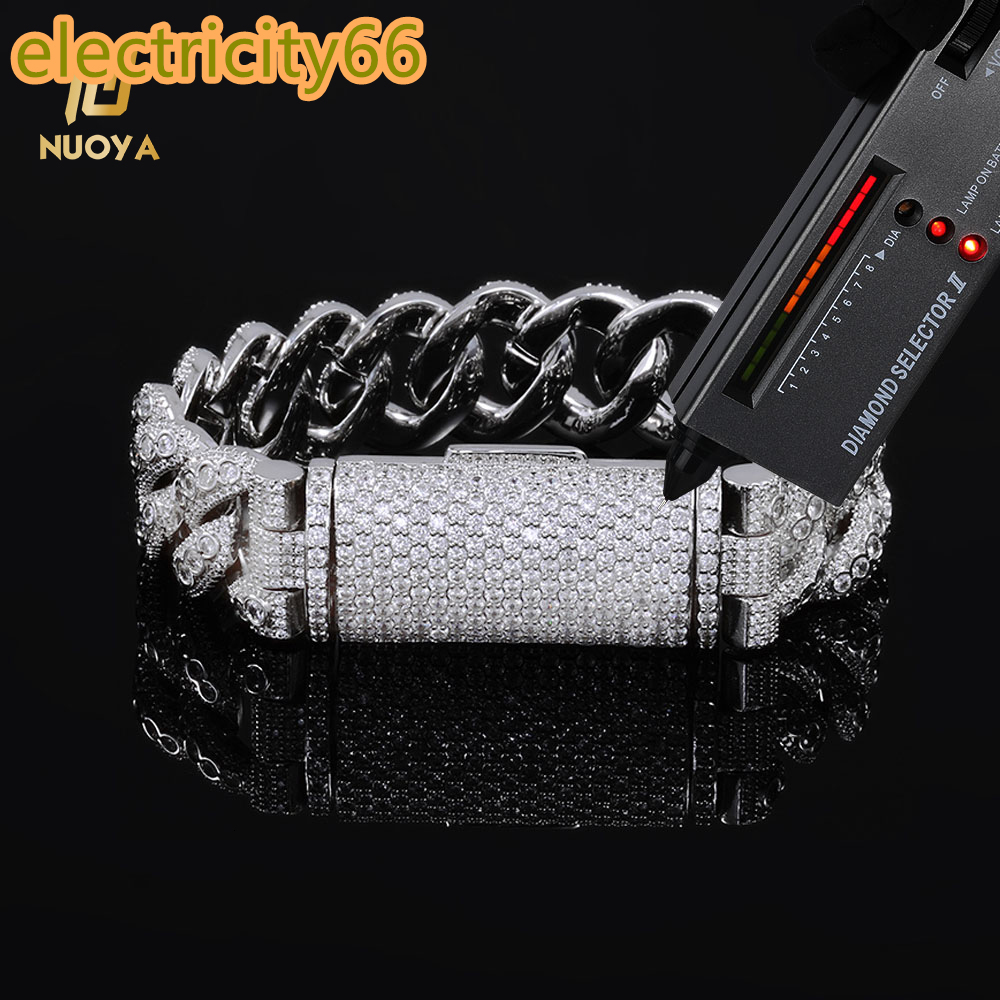 NUOYA Luxury Jewelry Iced Out Round Brilliant Cut Moissanite Cuban Link Chain Bracelet 925 Sterling Silver Hip Hop Jewelry