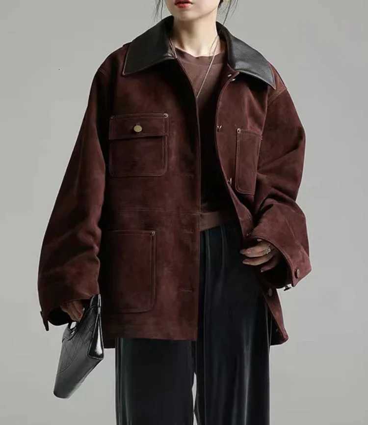 Leather Faux Women's Leather Retro Turn-down Collar Sheep Suede Leather Jackets for Women 2024 Trendy Soft Kid Suede Medium Long Outwears Femal