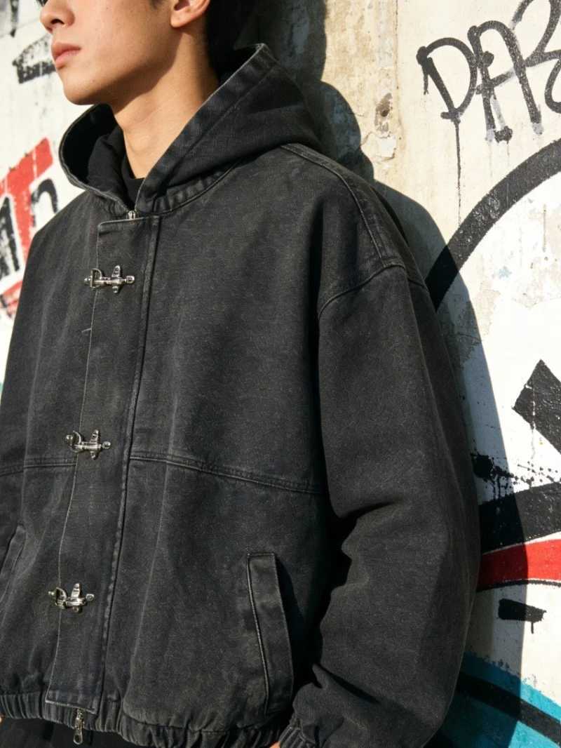 Women's Jackets Retro black washed denim hooded jacket women's metal buckle zipper cut jacket loose streetwear work pants jacket C260921