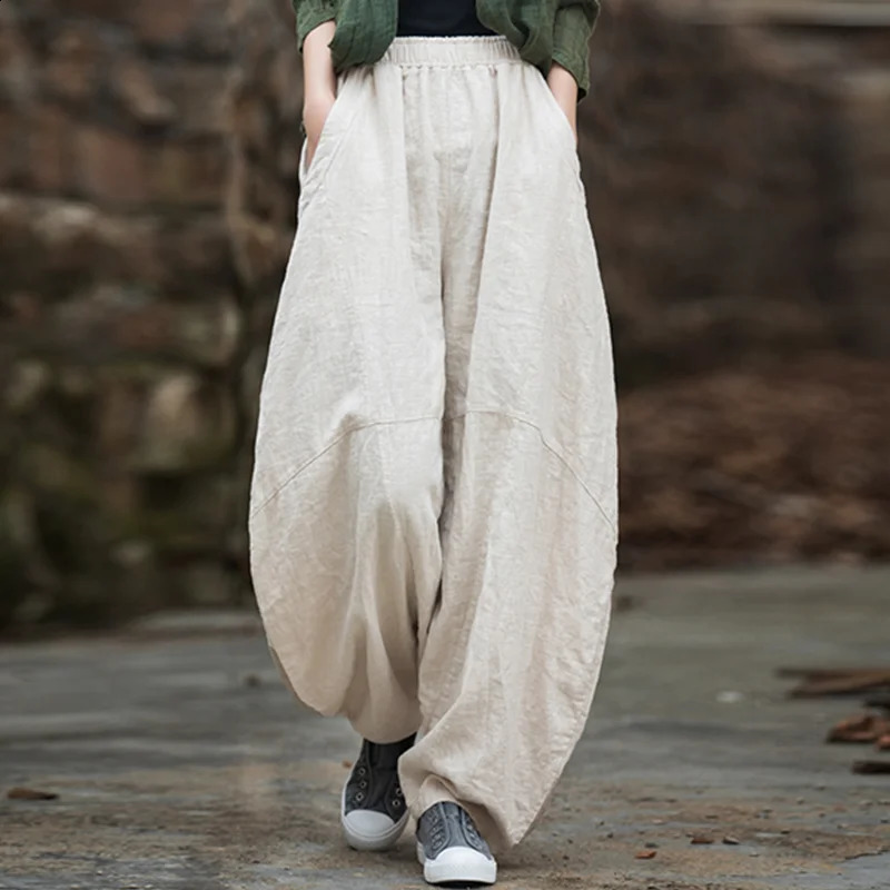 Women Spliced Linen Harem Pants Elastic High Waist Baggy Lantern Trousers With Pockets Thin Fleece Lined Winter Casual Pants 260921