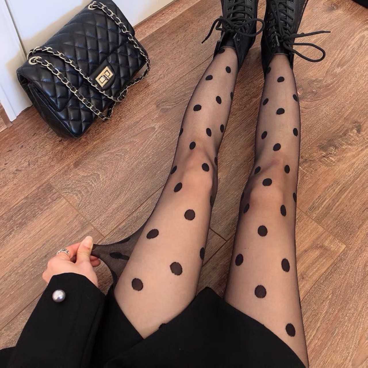 Plus-size French-style polka dot sheer stockings for women thin and sexy suitable for spring and summer black floral pattern T260922