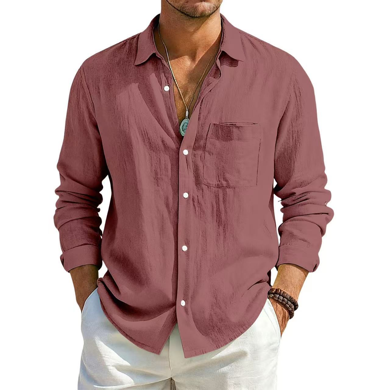 Men's solid-color casual cotton-linen long-sleeved button-down loose-fitting breathable shirt