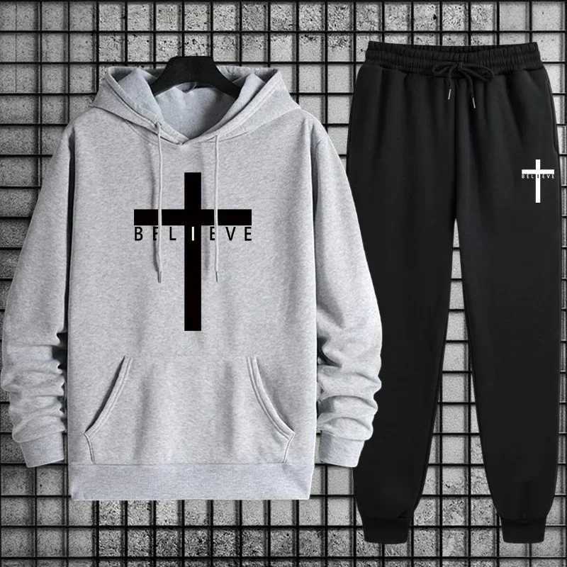 Tracksuits Men's Luxury Men's Sportswear Set 2026 New Design Christ Cross Hooded Sweatshirt and Sweatpants for Gym Training Outdoor Activi