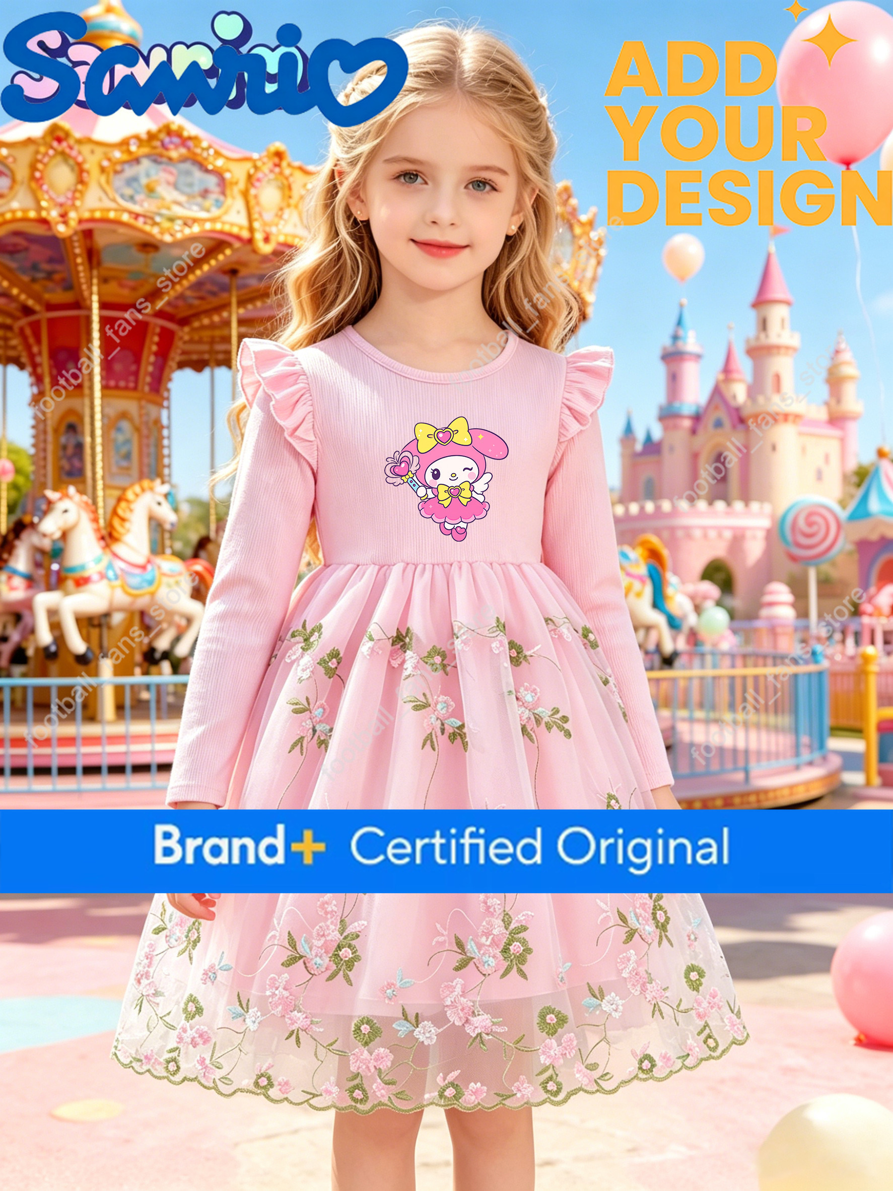 Hello Kitty Kids Dress, Sanrio IP Cartoon Print, 3D Floral Tulle Long Sleeve Dress for Girls 65