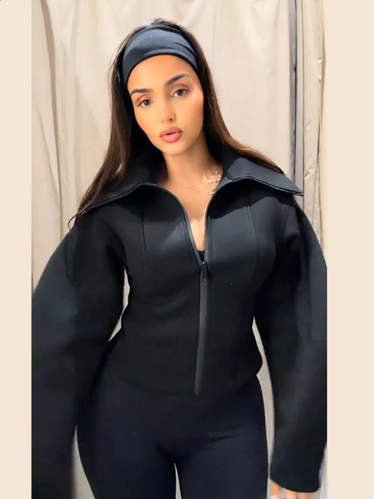 Chic Solid Womens Jacket Lapel Zippers Full Sleeve Slim Casual WaistClosed Lady Coats 2026 Autumn Fashion Female Streetwear 260921