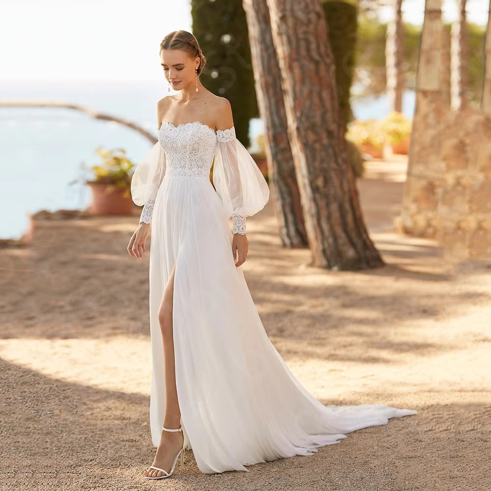 Charming Wedding Dresses Lace Bride Dresses Off Shoulder Puffy Sleeves Bridal Gowns Thigh Slit Boho Bride Gowns Beach Vestido de Novia Robe De Maria