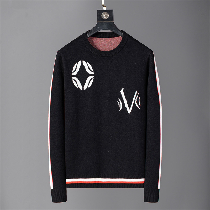 High-quality designer men's knitwear featuring a solid color with letter graphics; a warm, long-sleeved sweater blending vintage, hip-hop, and