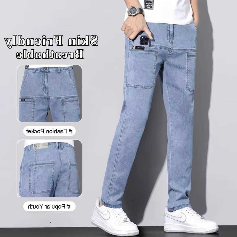 Men's Men's Jeans Multi-Pocket Cargo Jeans Solid Color Washed Summer Youth Denim Pants Straight Fit Casual Workwear Streetwear Trousers T2