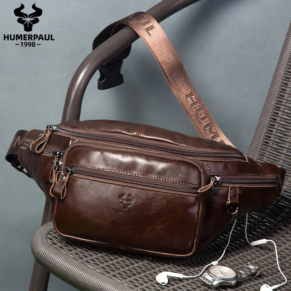 HUMERPAUL Genuine Leather Waist Bag Casual Fanny Pack For Men Multifunction Outdoor Chest Bag Phone Pouch Travel Crossbody Bages 260922
