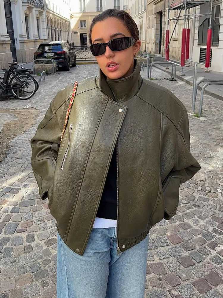 Green Short Retro Leather Jacket Women Chic Lapel Full Sleeves Zipper Pockets Loose Jackets 2026 Lady Daily High Street Outwear C260921