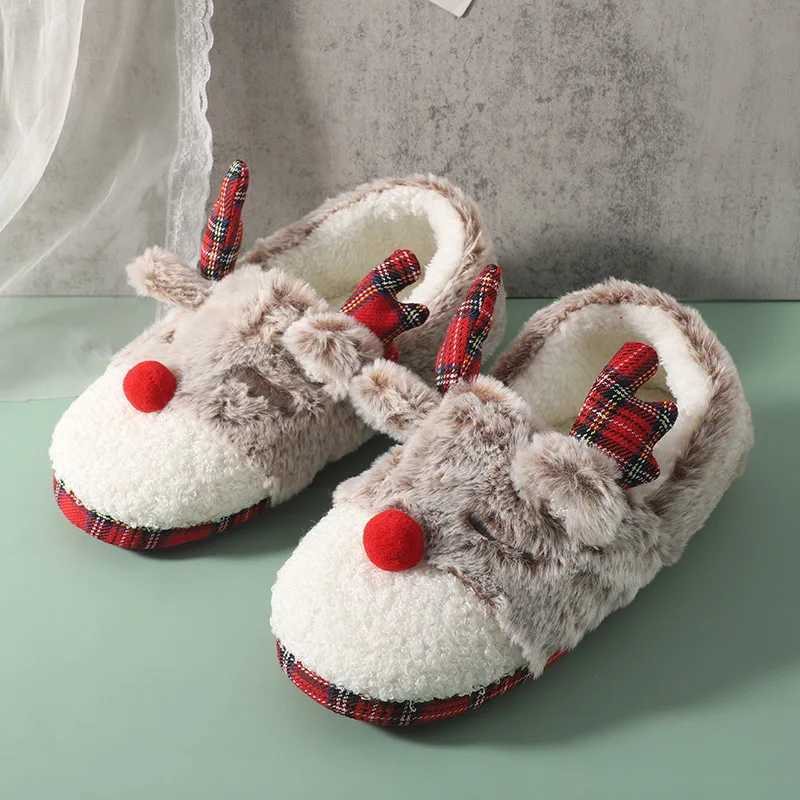 Winter warm cartoon gray carved print imitation rabbit hair antler nest shoes cute cartoon deer home slippers girls cotton shoes T260922