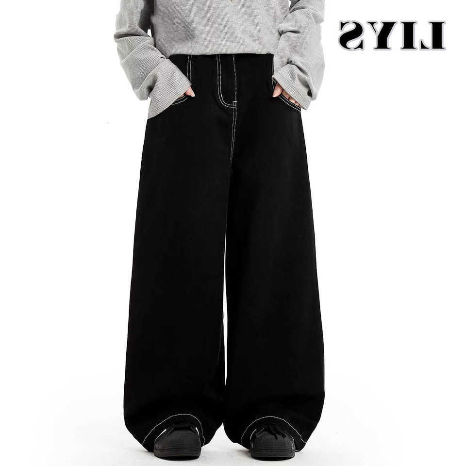 Spring Men's Jeans Summer Men's Retro Black Baggy Wide Leg Jeans American Basic Unisex Daily Casual Denim Pants Women's Black Stacked