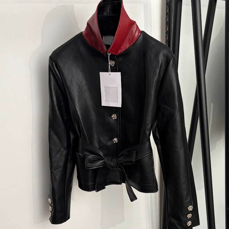 Women Luxury Brand Leather Jacket Color Contrast Stand Collar Bow Tie Waist Belt Gold Buttons Cropped Biker Outer Coat