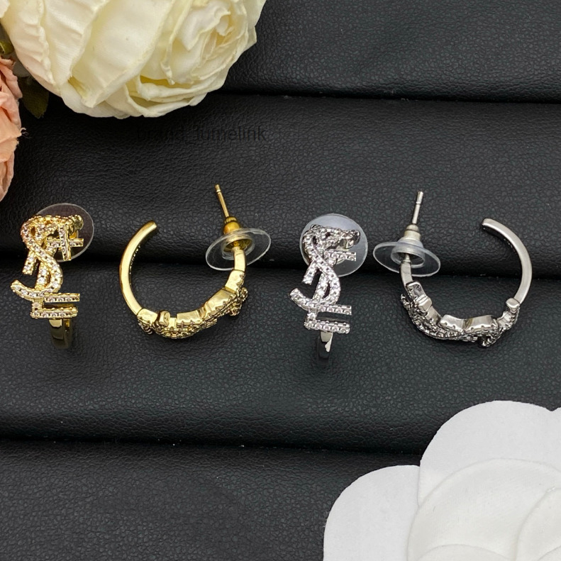 Designer Earrings Fashion Women Brass Earring Crystal Rhinestone Hoop Copper Stamp Letter Stud Wedding Party Jewelry