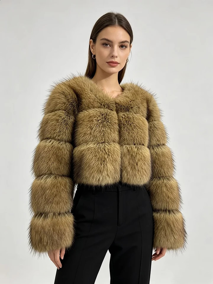 ZADORIN y Cropped Faux Raccoon Fur Coat Woman Winter Fashion O Neck Long Sleeve Short Fluffy Jacket Coats Tops 260922
