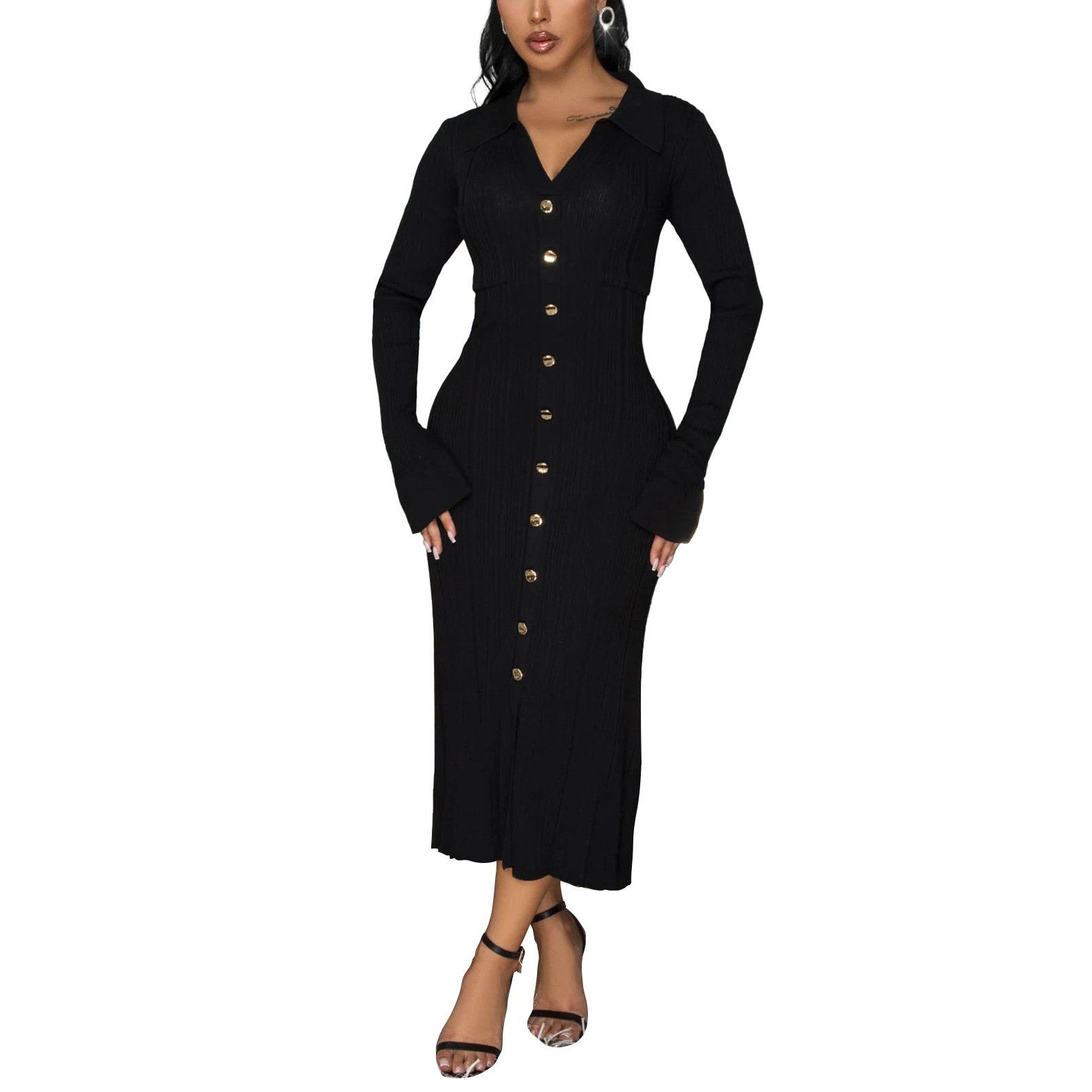 Women's Solid Color Long Dress Sexy V Neck Long Sleeve- Elegant Single-Breasted Buttoned Design